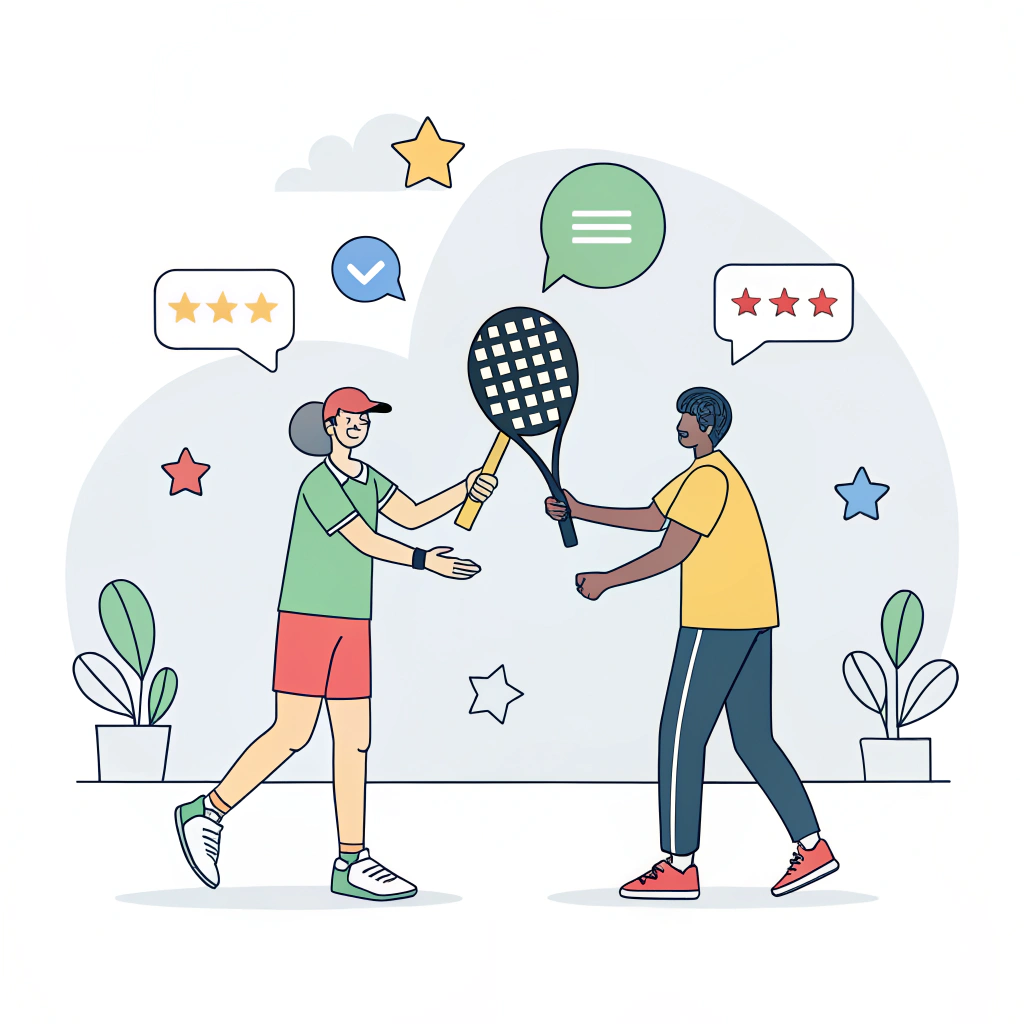 Minimal 2D illustration of padel endorsements and social proof with rackets and icons