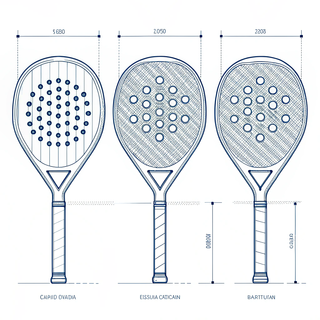 Clean 2D illustration of three padel racket shapes with technical design details