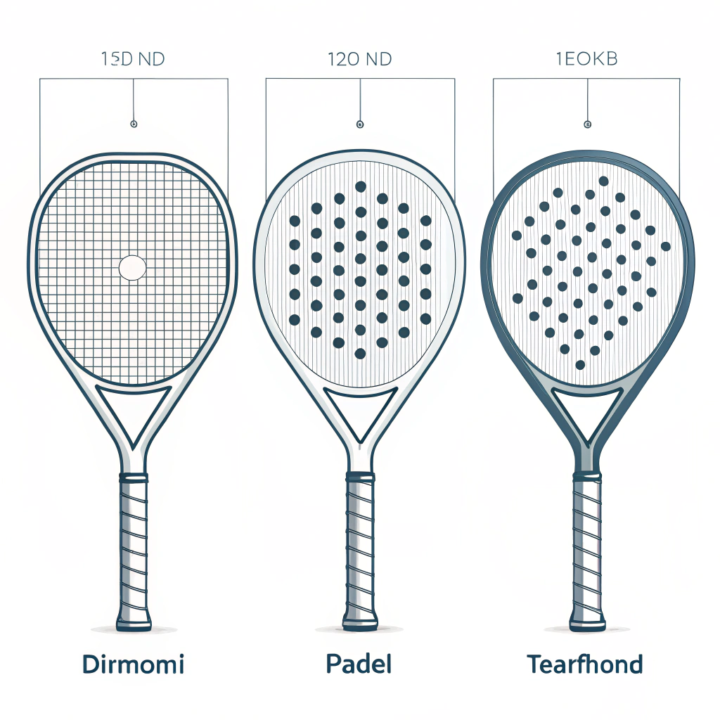 2D minimalistic illustration of three diverse padel racket shapes