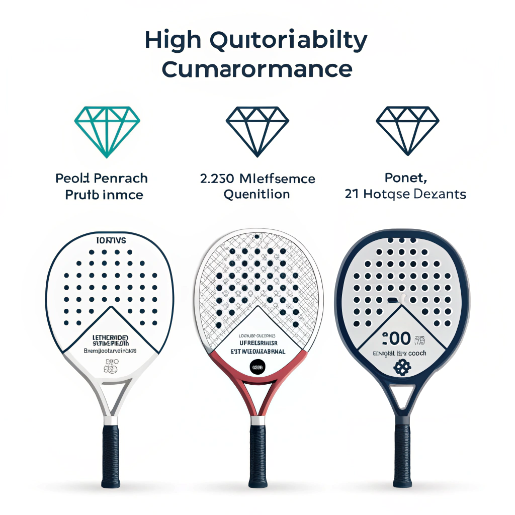 2D illustration of diverse padel rackets highlighting quality, customization, and performance