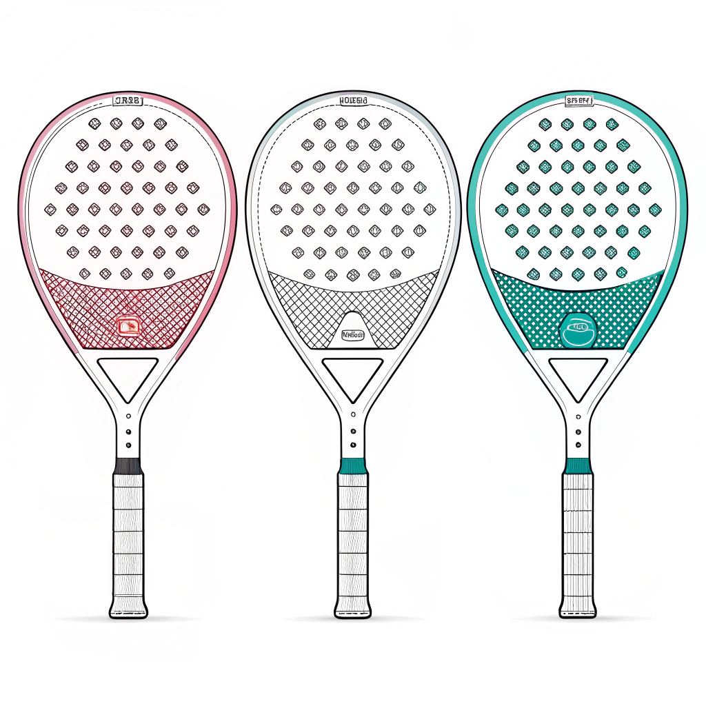 Minimalist illustration showing three padel racket shapes with subtle color variations indicating carbon fiber grades.