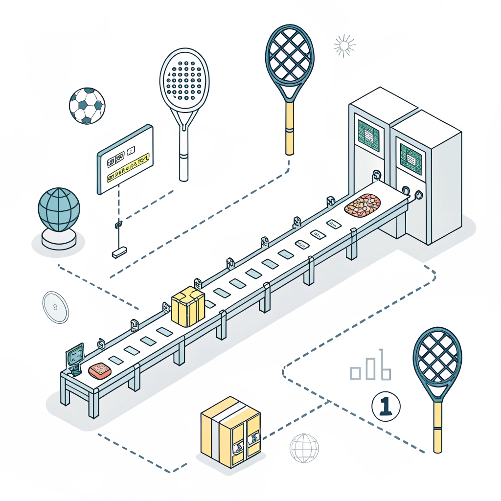 "Minimalist 2d illustration of an abstract padel racket production line with global connectivity elements."