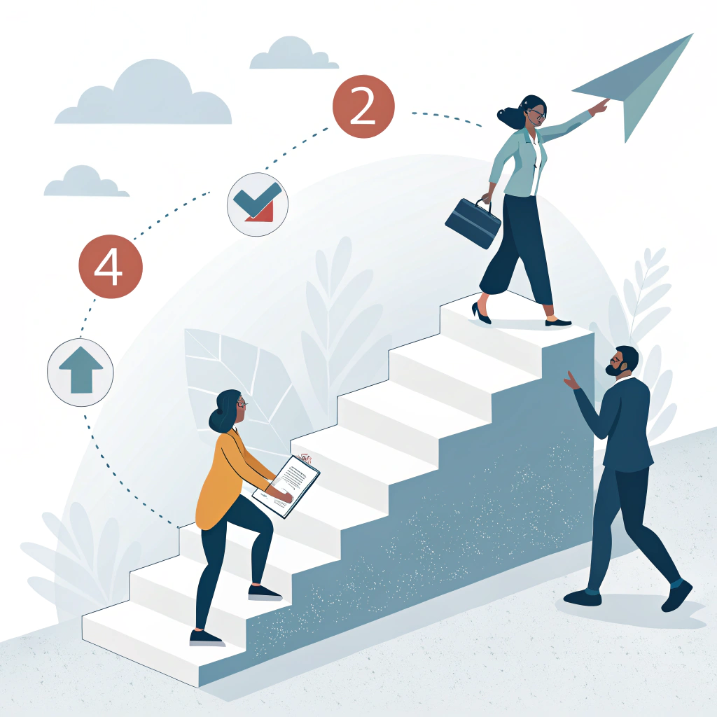 Clean, minimalist illustration showing a guided step-by-step sales process with abstract data elements and clear visuals.