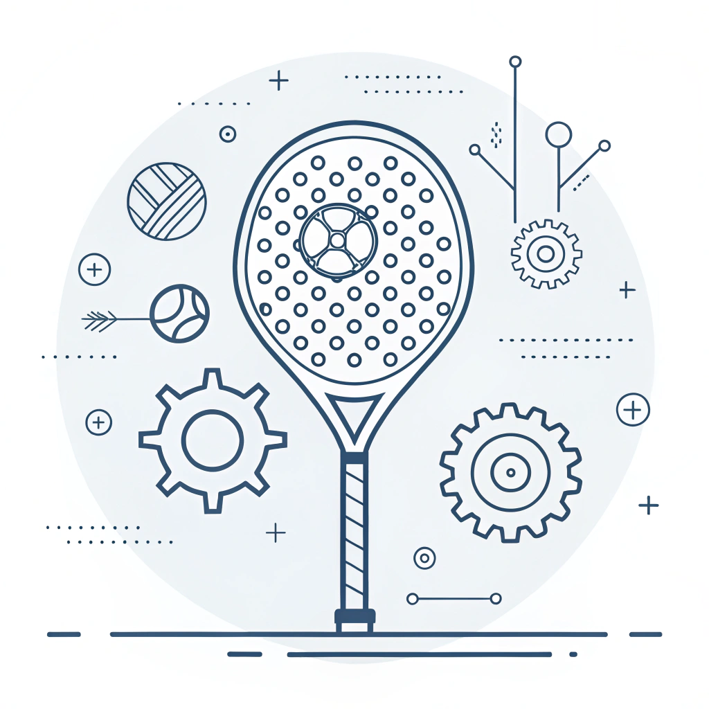 A modern 2D flat illustration of a padel racket with abstract production elements and geometric design