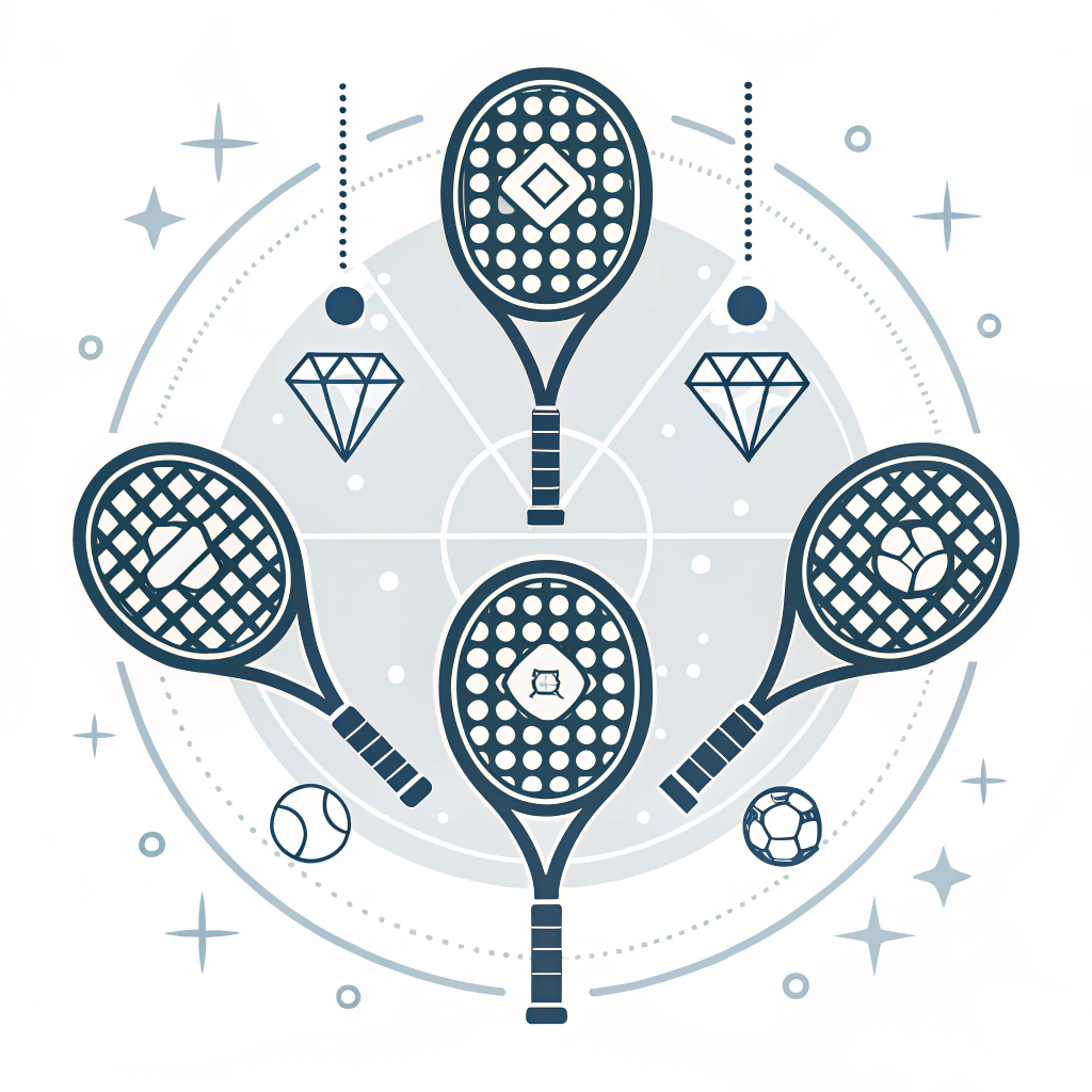 Flat minimalist illustration displaying diverse padel racket shapes with modern manufacturing symbols and clean design aesthetics