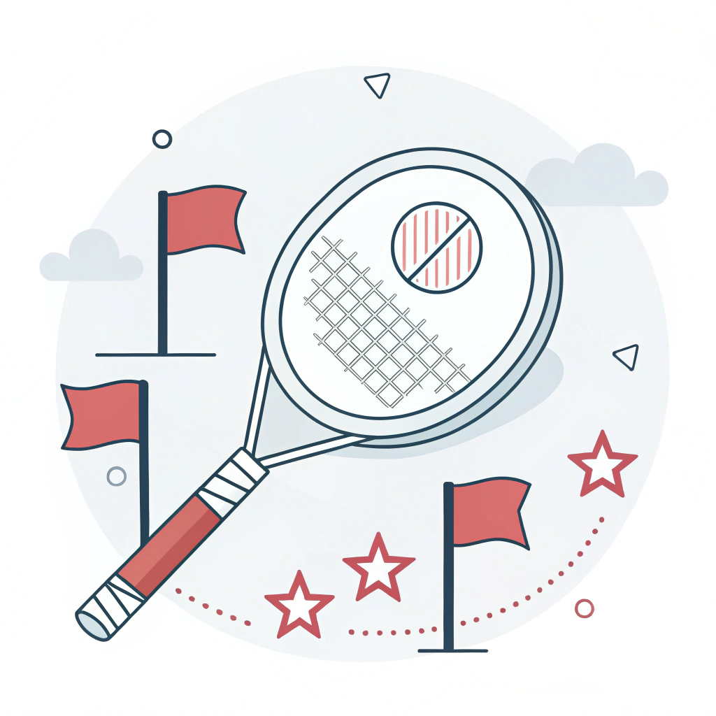 Minimalistic illustration showing a padel racket, magnifying glass, and red flags symbolizing supplier risk evaluation.