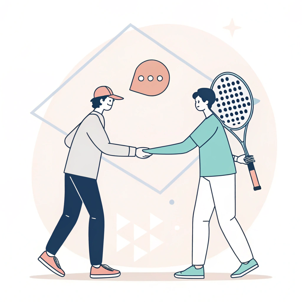 Minimal 2D illustration of handshake and padel racket symbolizing secure business partnerships.