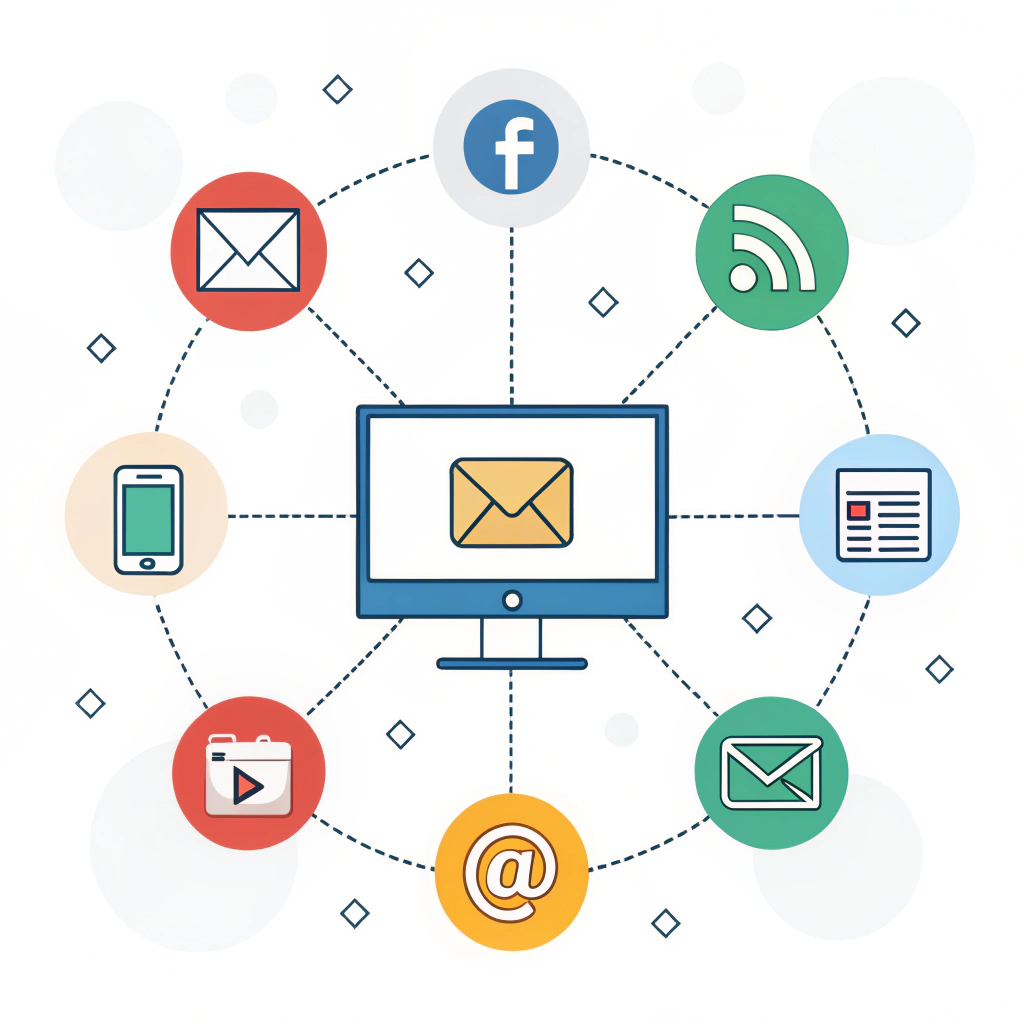 flat design illustration of digital marketing channels with icons