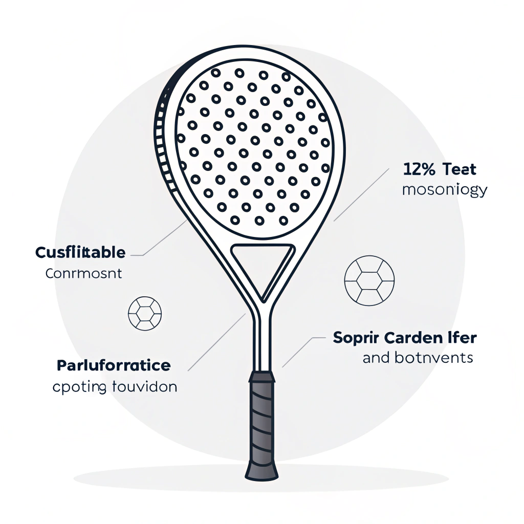 Sleek minimal illustration of a modern 12K Carbon Fiber padel racket