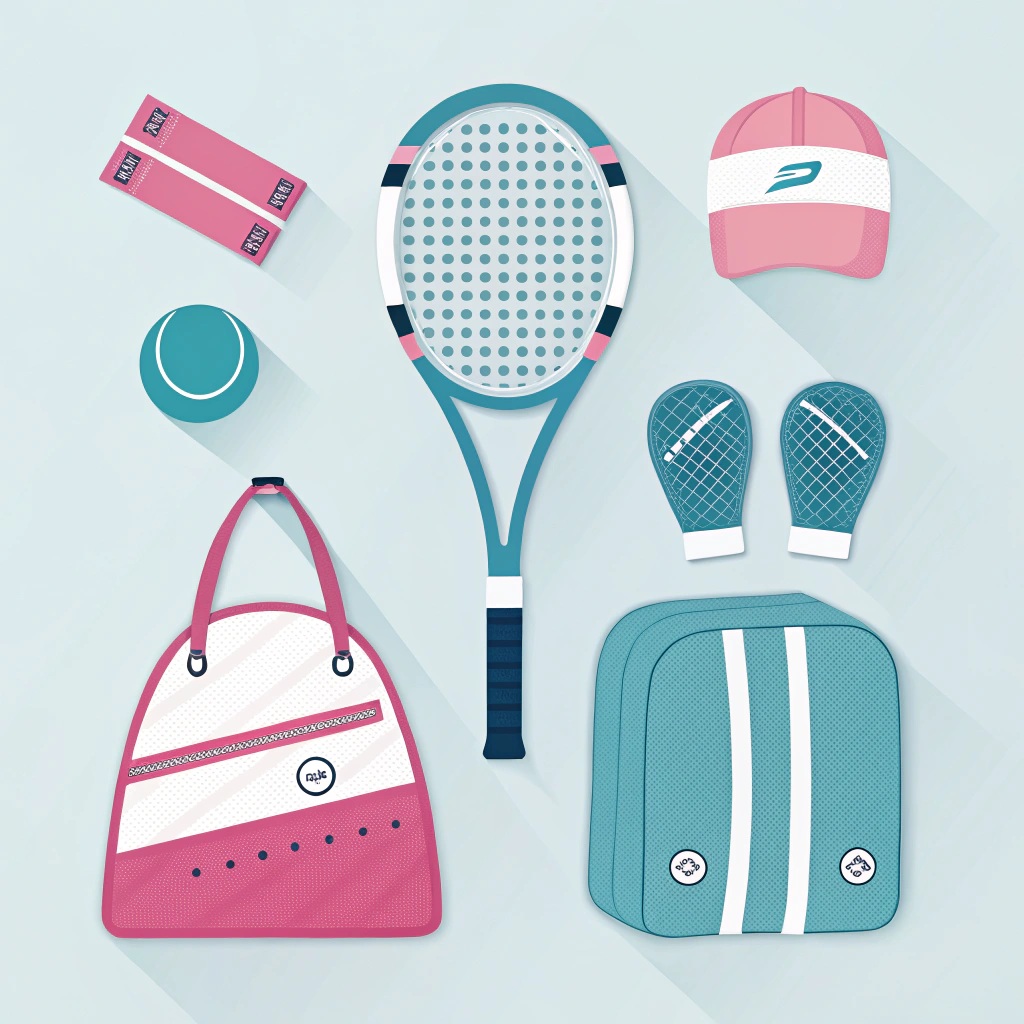 Minimal flat design image of various padel accessories in a modern style