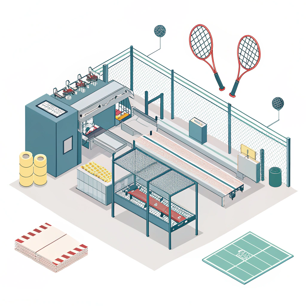 "Minimalist 2D illustration of a modern sports equipment production facility"