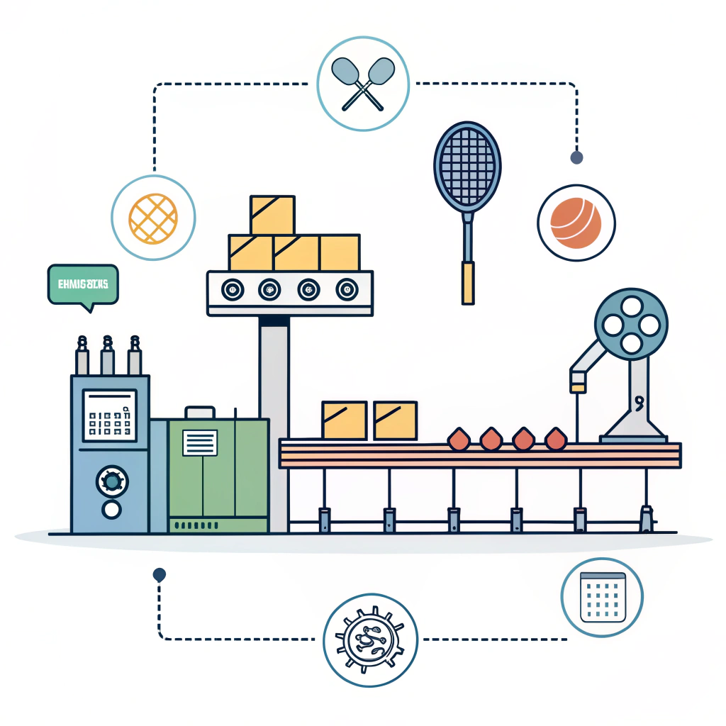 "Clean minimalist illustration showcasing automated padel paddle production and quality control"