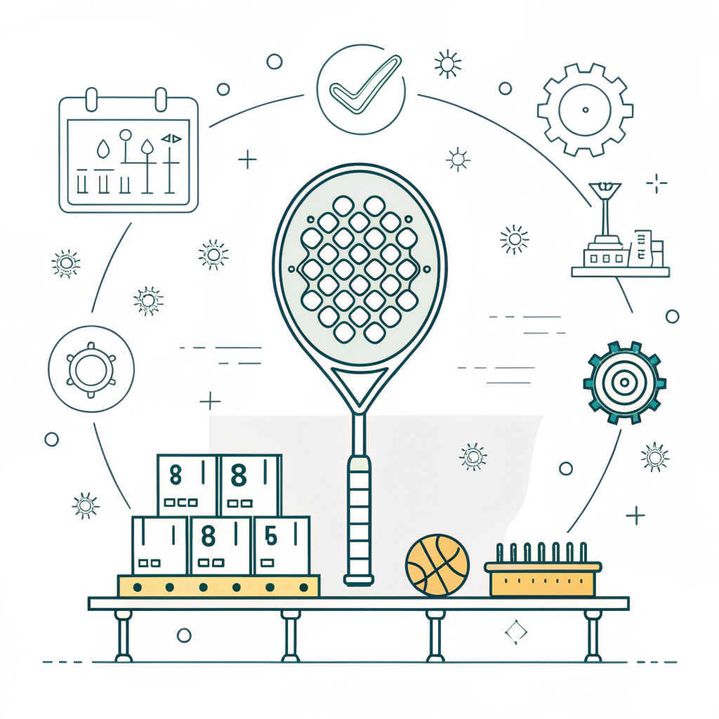 2D minimalist illustration of custom padel racket manufacturing and quality control process