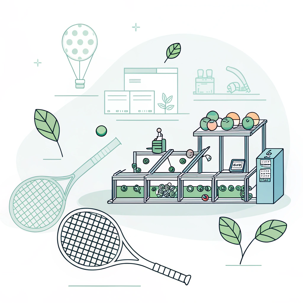 Flat minimal illustration of an eco-friendly padel racket production facility