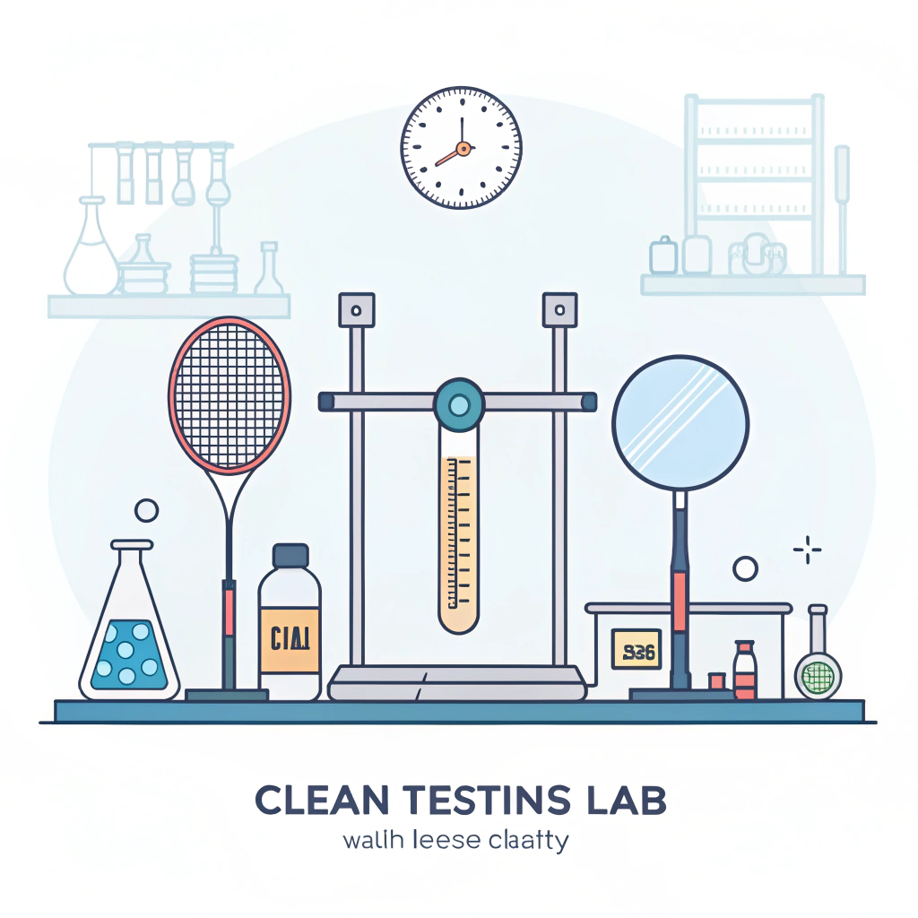 Simplistic 2D illustration of a lab scene with padel testing equipment