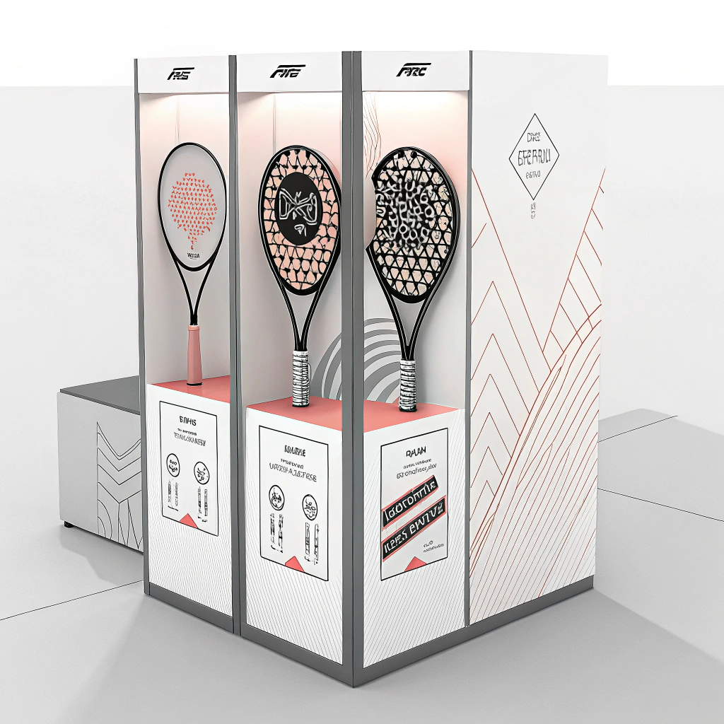 Minimalist 2D illustration of eye-catching retail packaging for padel with modern design