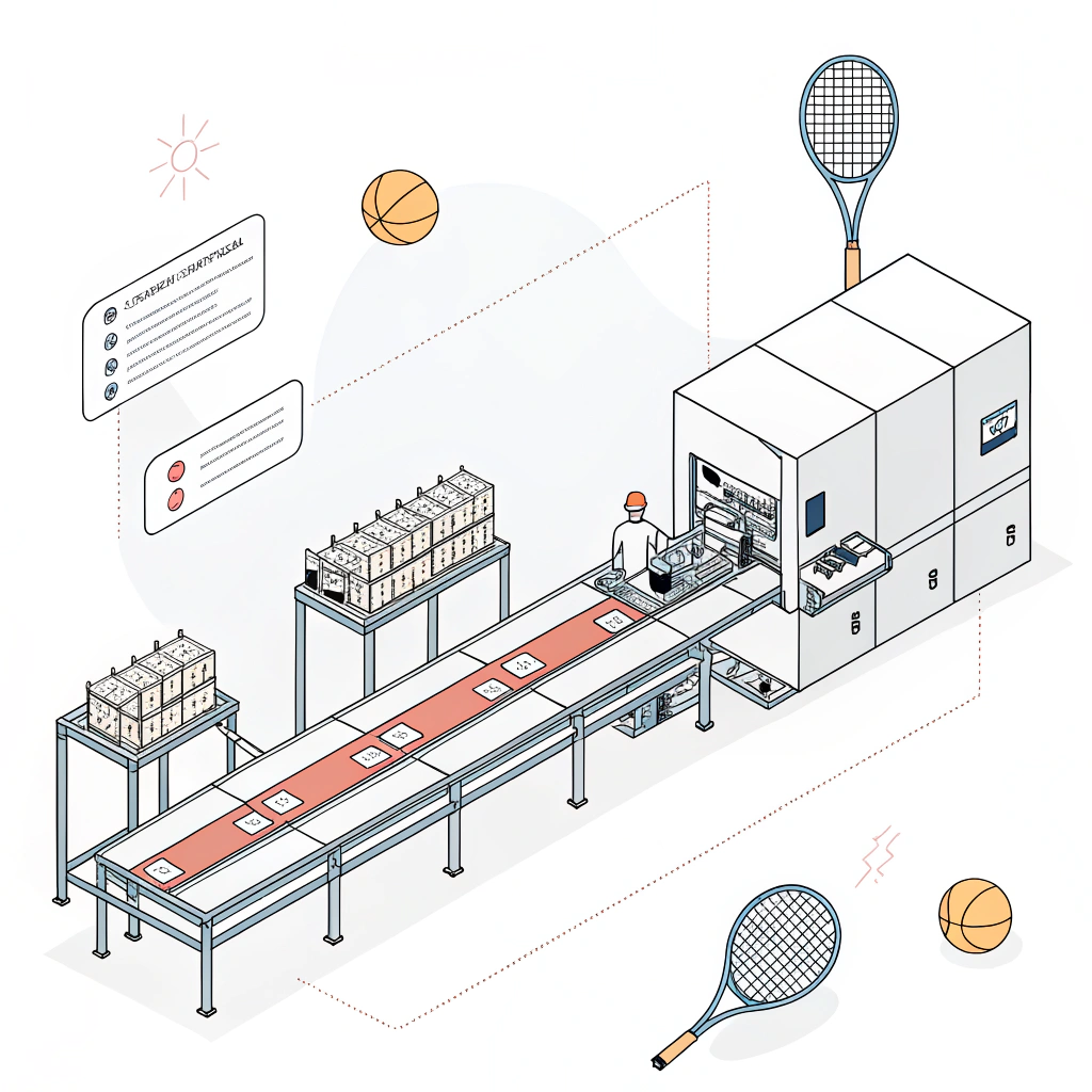 A clean, simple 2D scene of a modern padel racket production line with automated assembly and modular design.