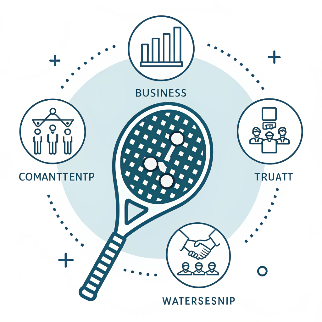 Minimal 2D illustration symbolizing trust and commitment in padel manufacturing partnerships