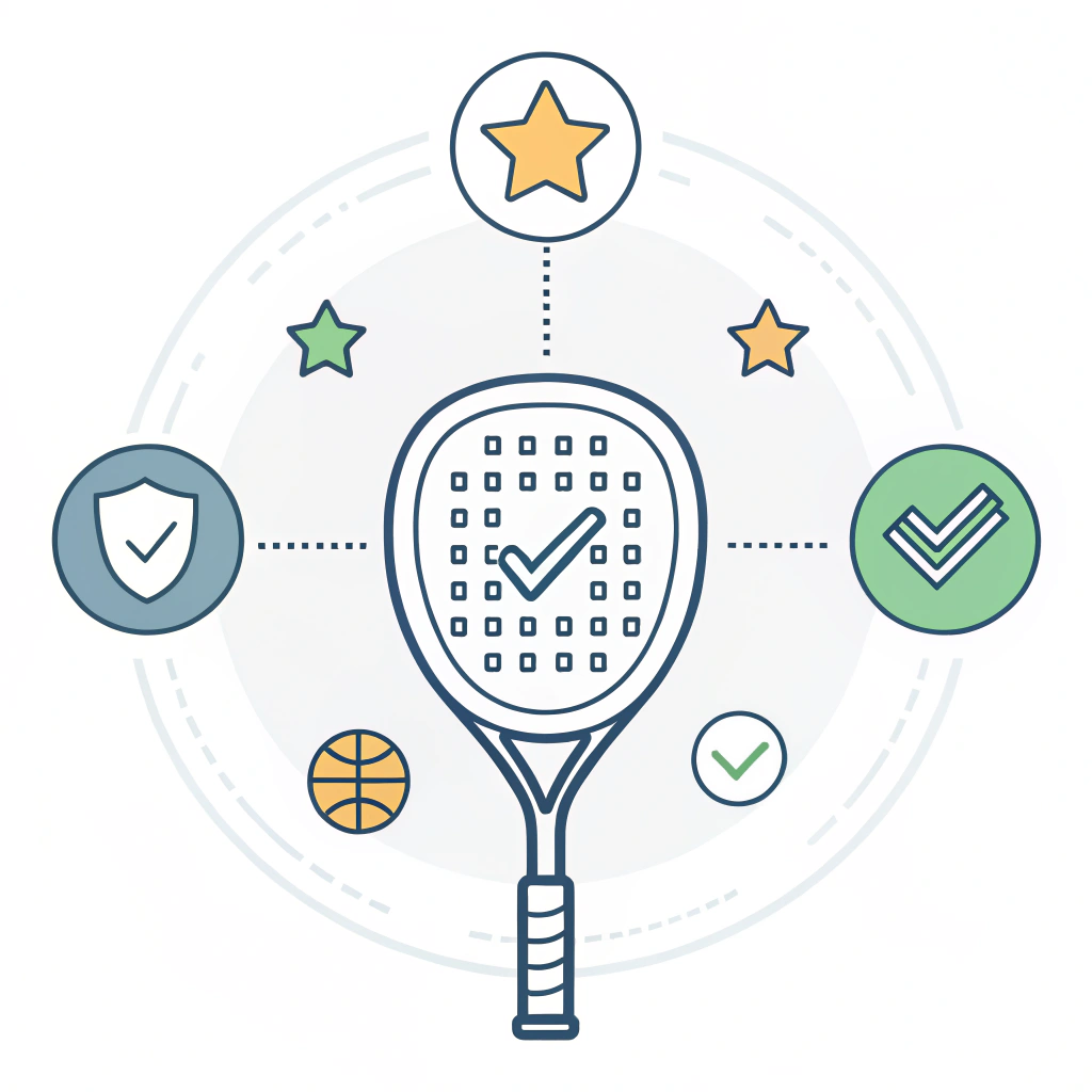 Minimalist depiction of a padel racket with quality symbols in an abstract style