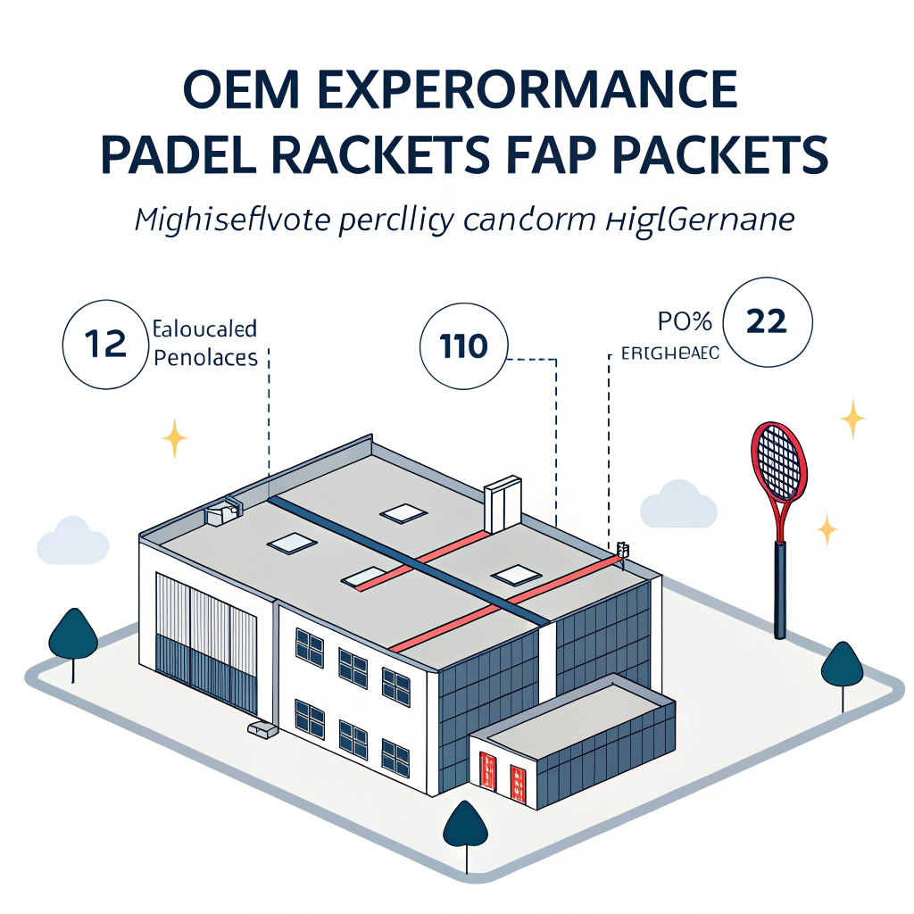 Minimalistic illustration of a modern carbon fiber OEM production scene for padel rackets.