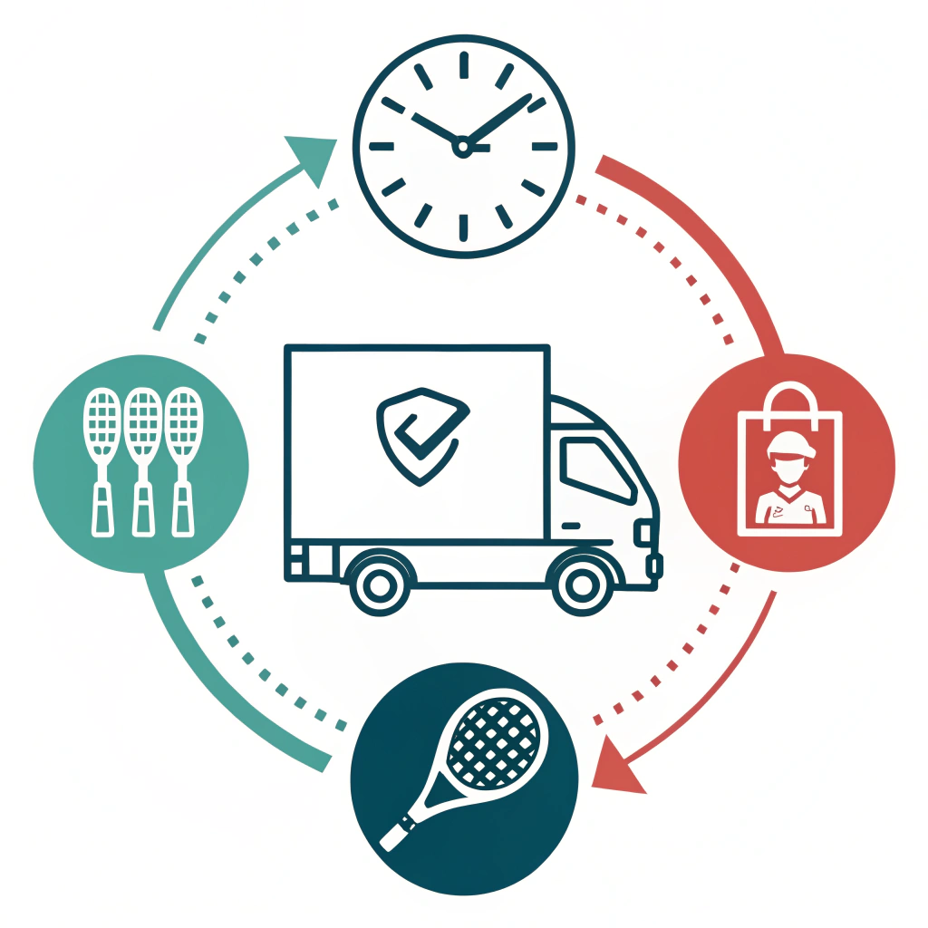 Clean 2D illustration with icons of a delivery truck, clock, and padel racket.