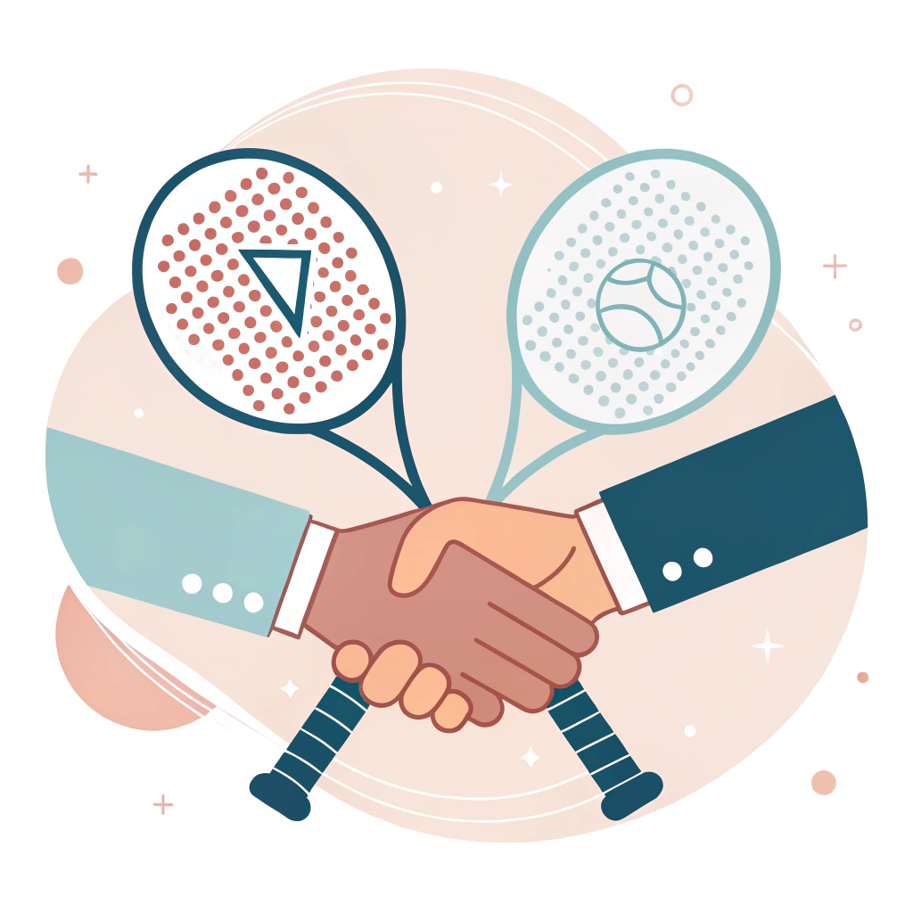 Minimalistic illustration featuring a handshake and padel racket elements symbolizing strong supplier partnership and trust.