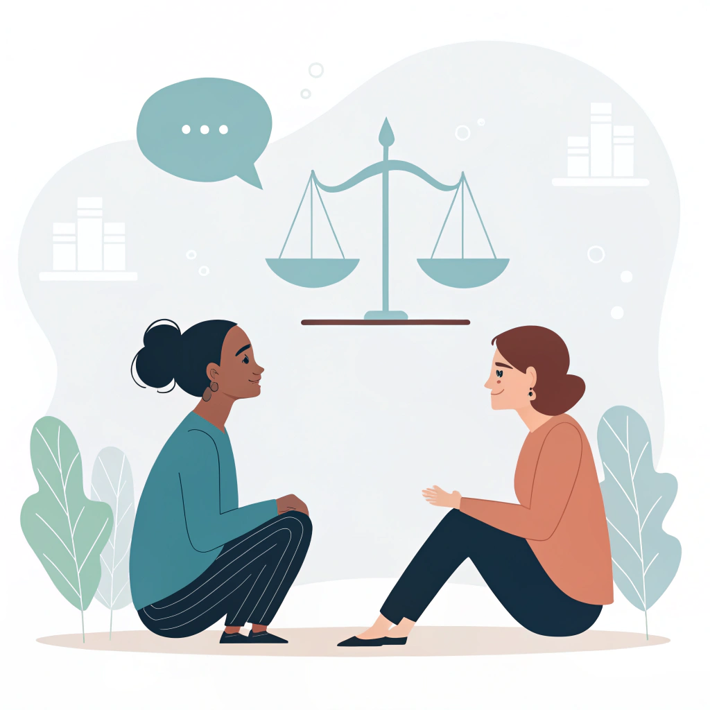 Minimalistic illustration of friendly mediation with symbolic scales for dispute resolution.