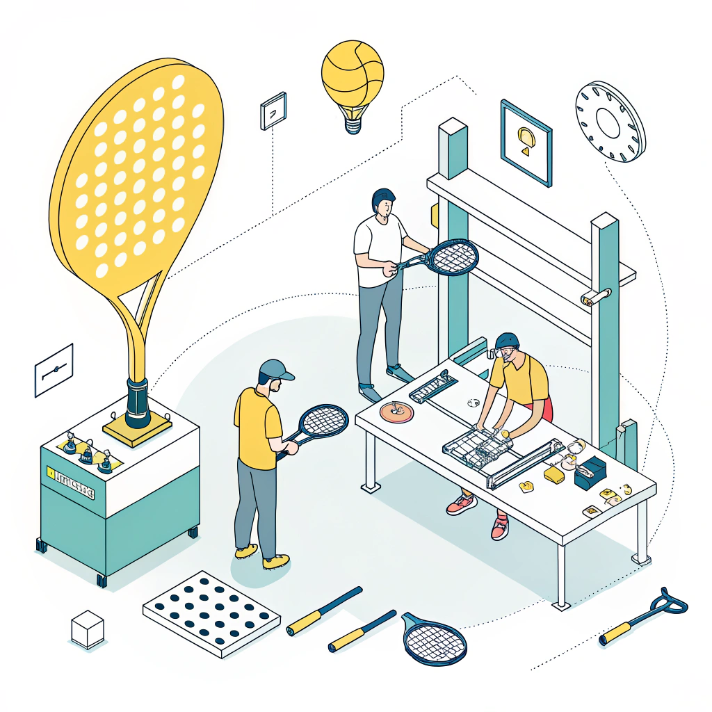 Minimalistic illustration showing custom padel design and quality control in manufacturing