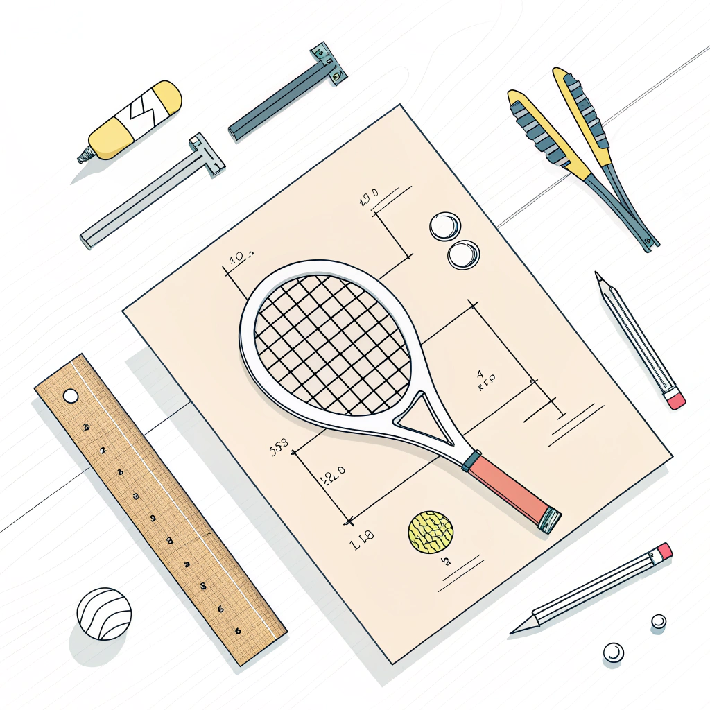 Simple illustration of a padel racket prototype with design tools in a minimalist style.