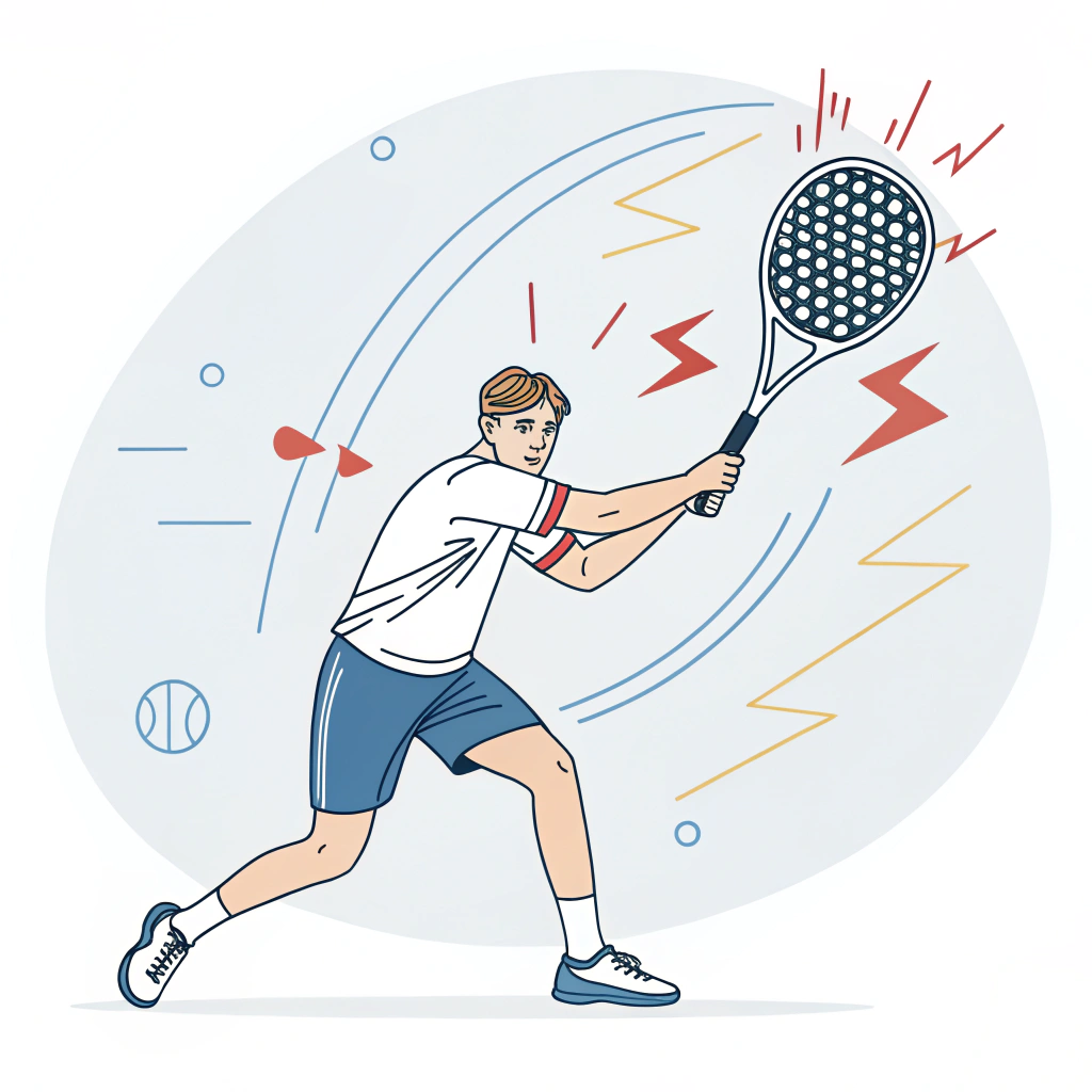 Minimalist padel racket in motion with vibrant energy lines symbolizing powerful hook phrases.