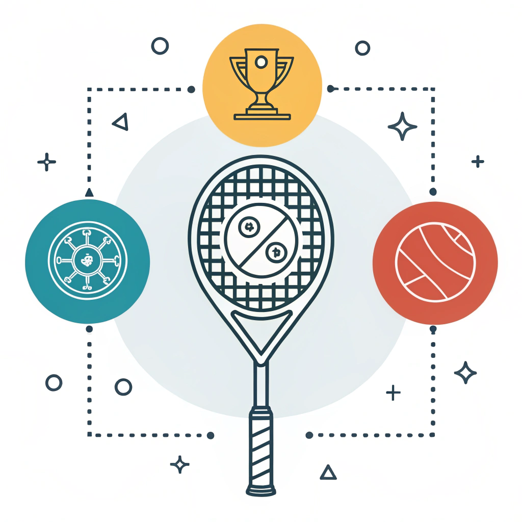 Minimalist 2D depiction of a padel racket with abstract quality symbols