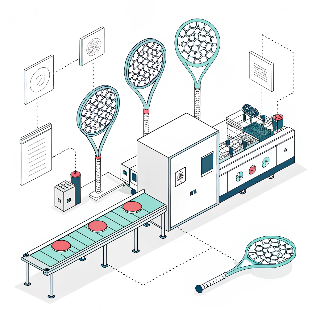 Flat 2D illustration of padel rackets in a modern production setting.