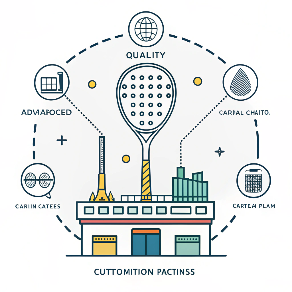 Minimalist 2D illustration showing a padel racket production line in a modern factory setting