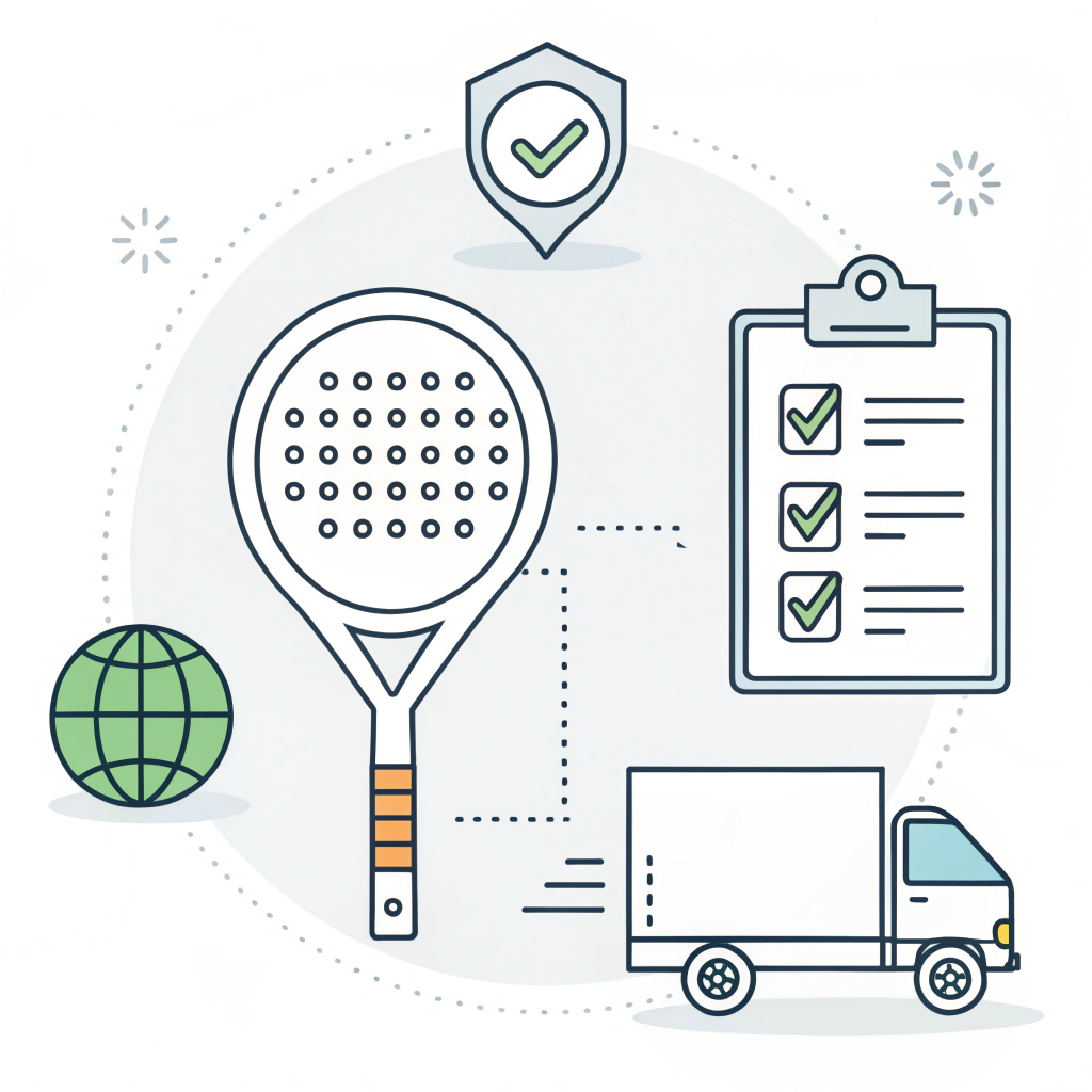 Minimalistic 2D icons illustrating padel supplier comparison factors with clear design.