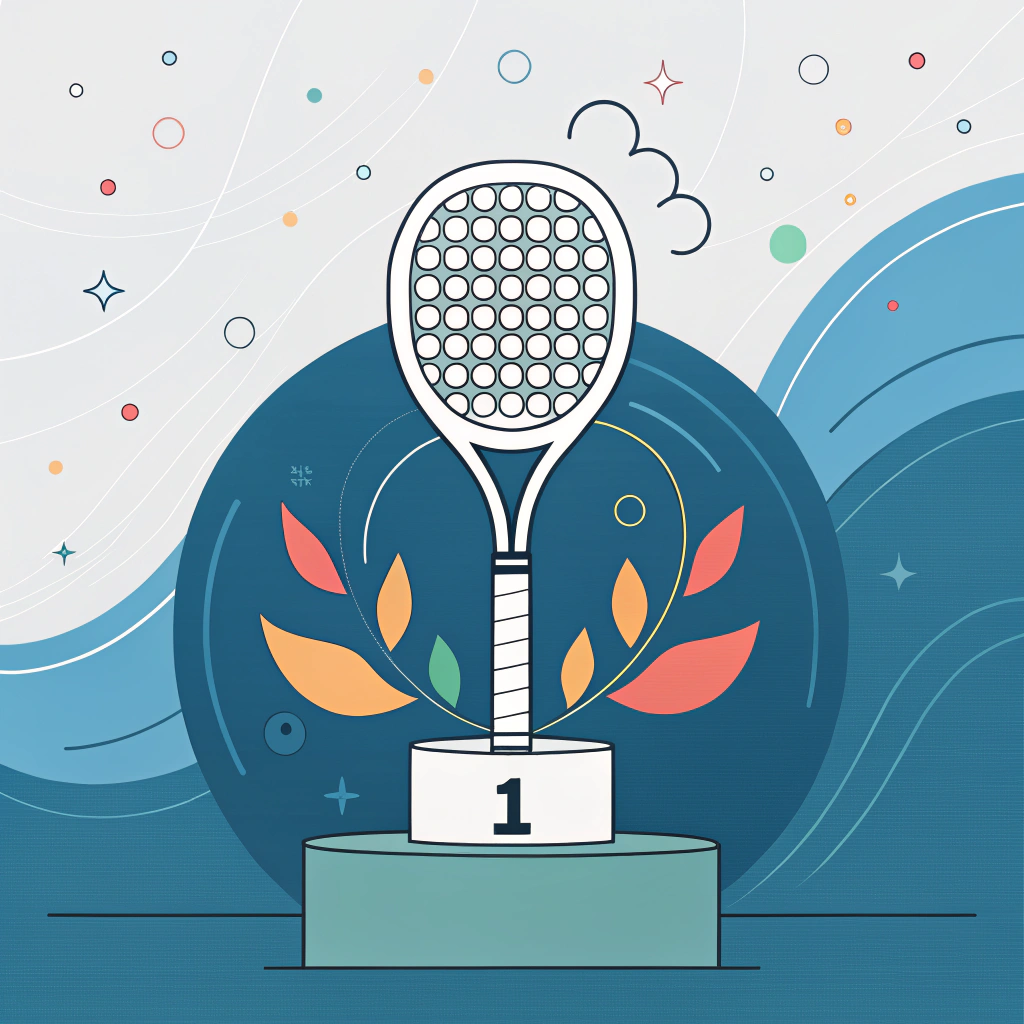 Minimalistic illustration of a padel racket on a pedestal with abstract symbols representing brand growth and success.