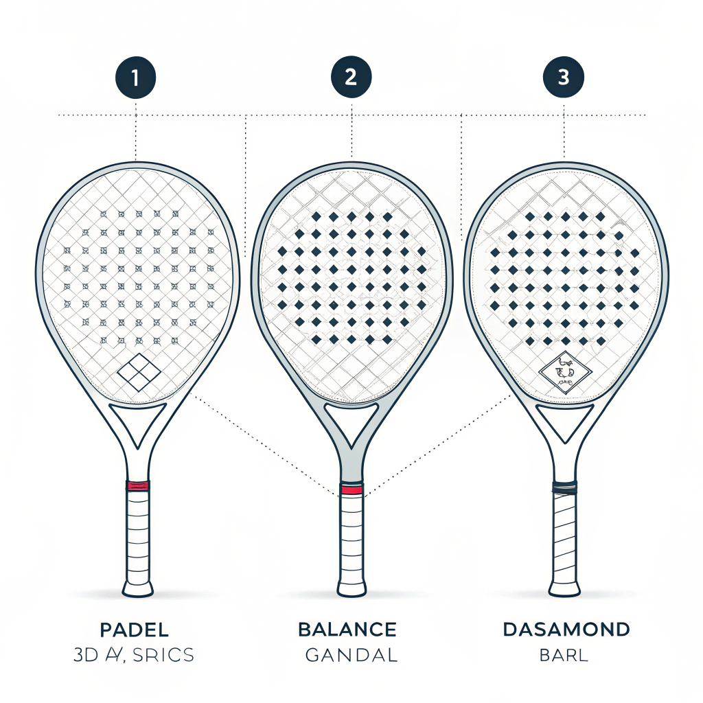 2D minimalist illustration of diamond, round, and teardrop padel rackets with balance cues