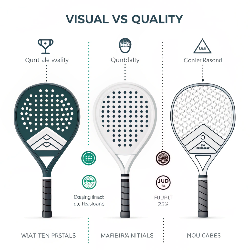 "Clean illustration comparing diverse padel racket designs and materials."