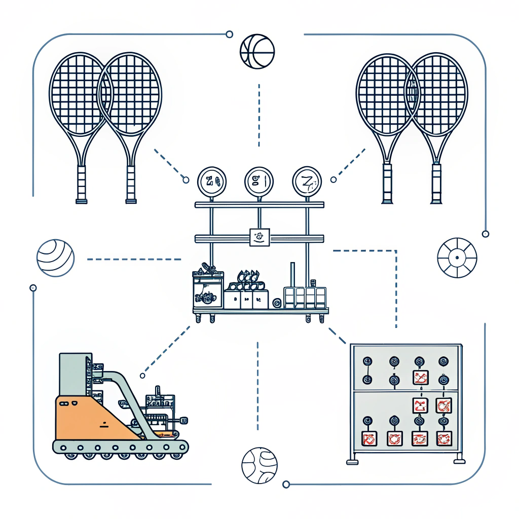 Minimalist collage showing technical elements of padel racket production and assembly process.