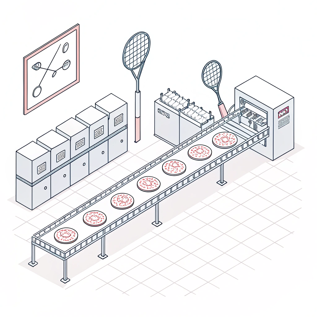 Minimalistic illustration of a padel racket production line in a modern factory setting