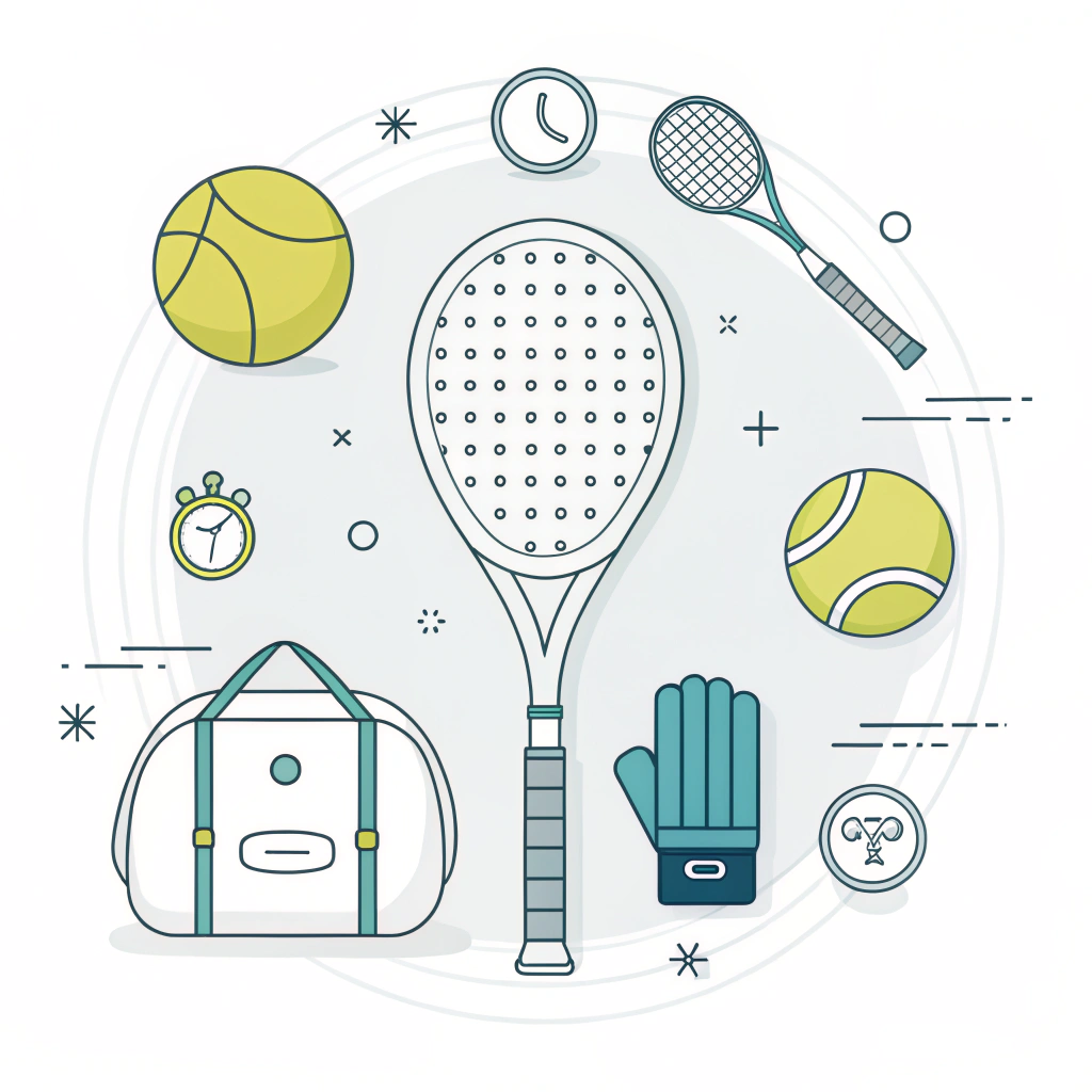 Minimalist flat style illustration of bundled padel racket with accessories in a clean layout.