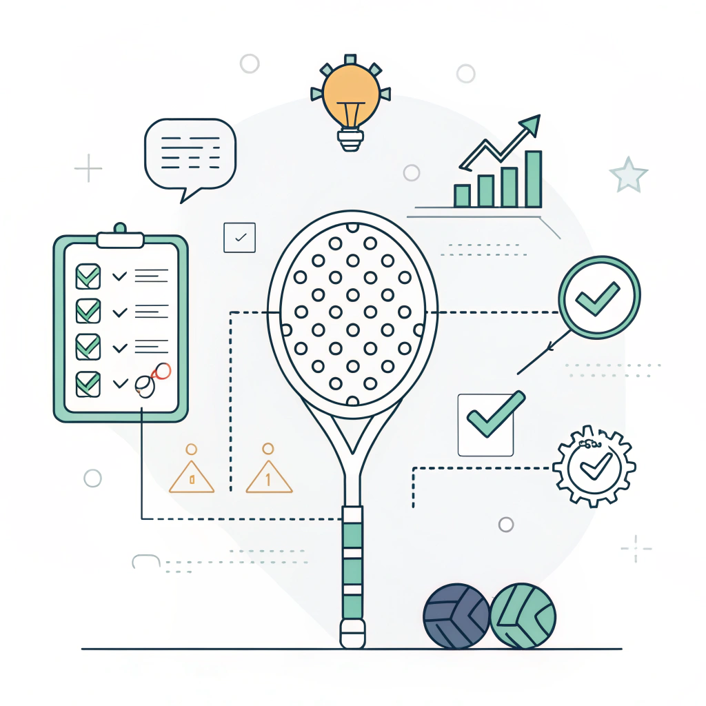 Minimal flat illustration showing a bespoke padel racket with innovation and testing symbols