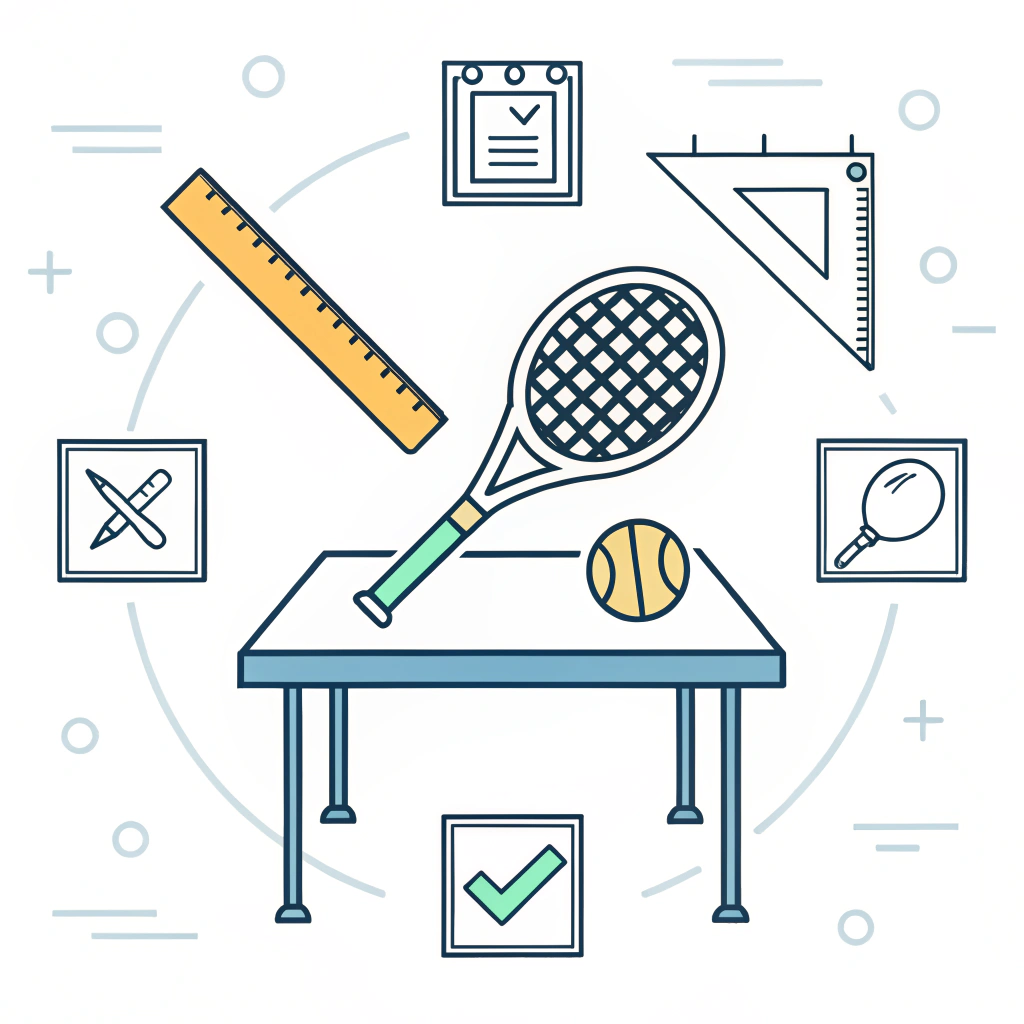 Minimalist flat design of a padel racket with quality control symbols in a clean inspection setting