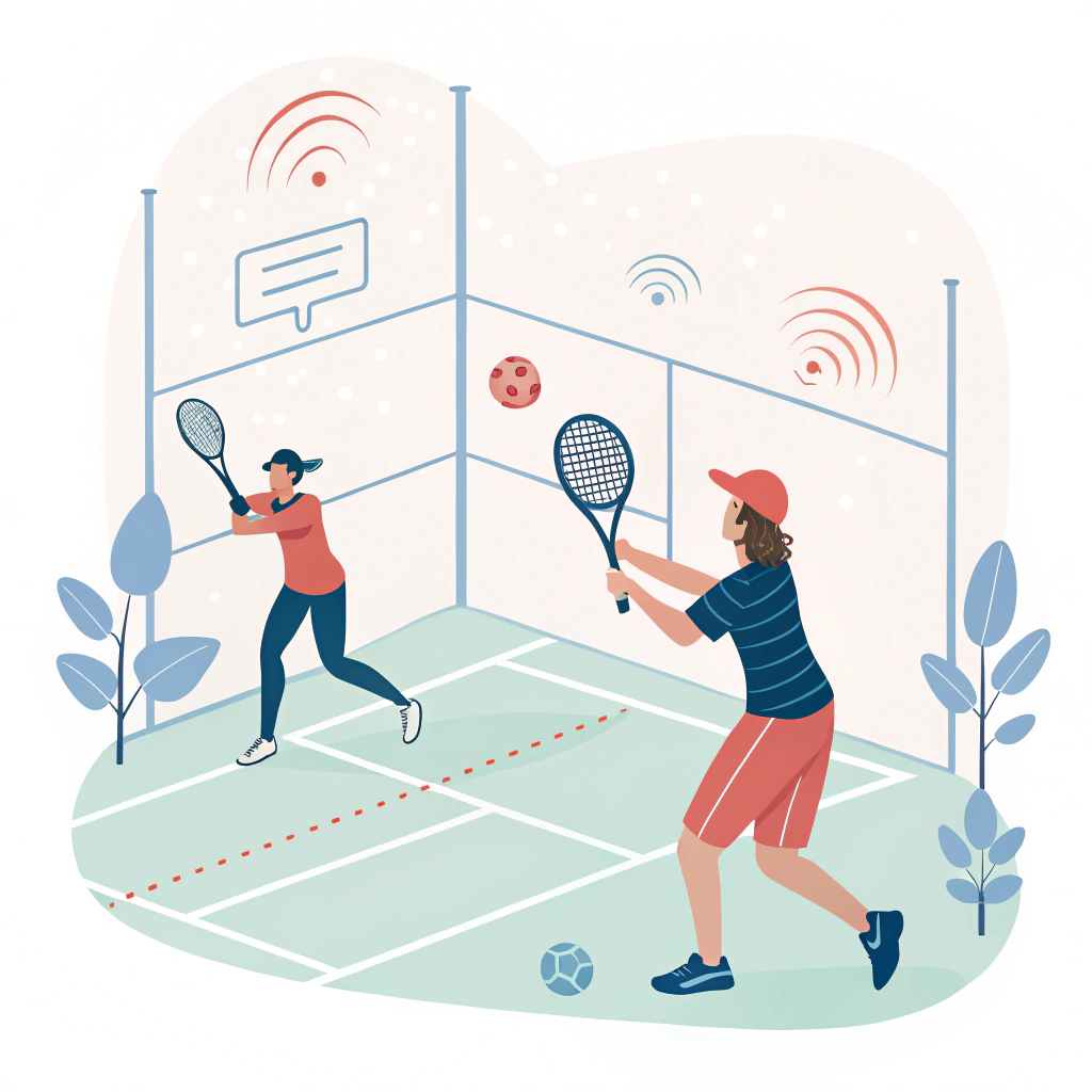 Minimalist illustration of a padel game session with an influencer demonstrating equipment.