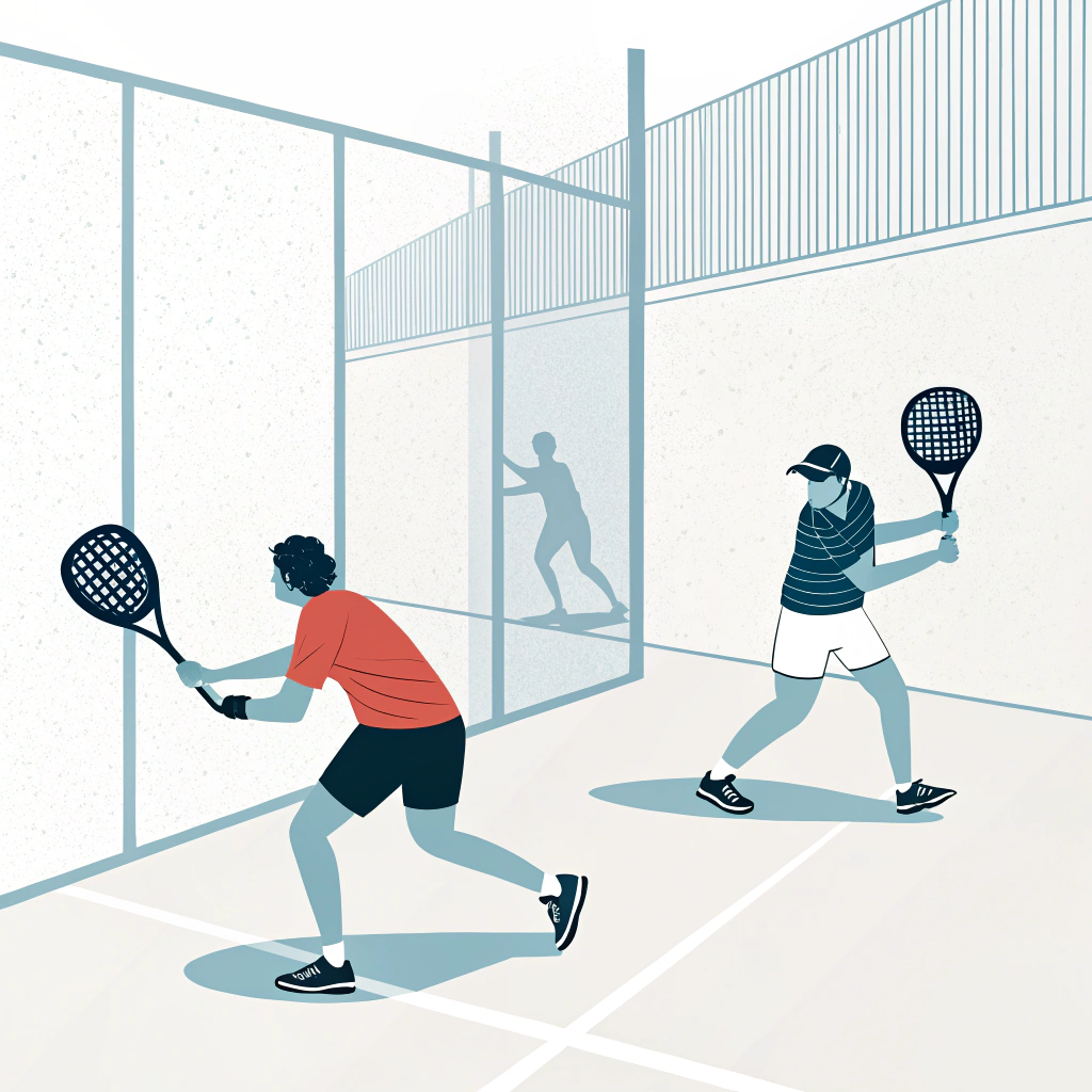 Simple 2D illustration of dynamic padel play featuring carbon fiber rackets