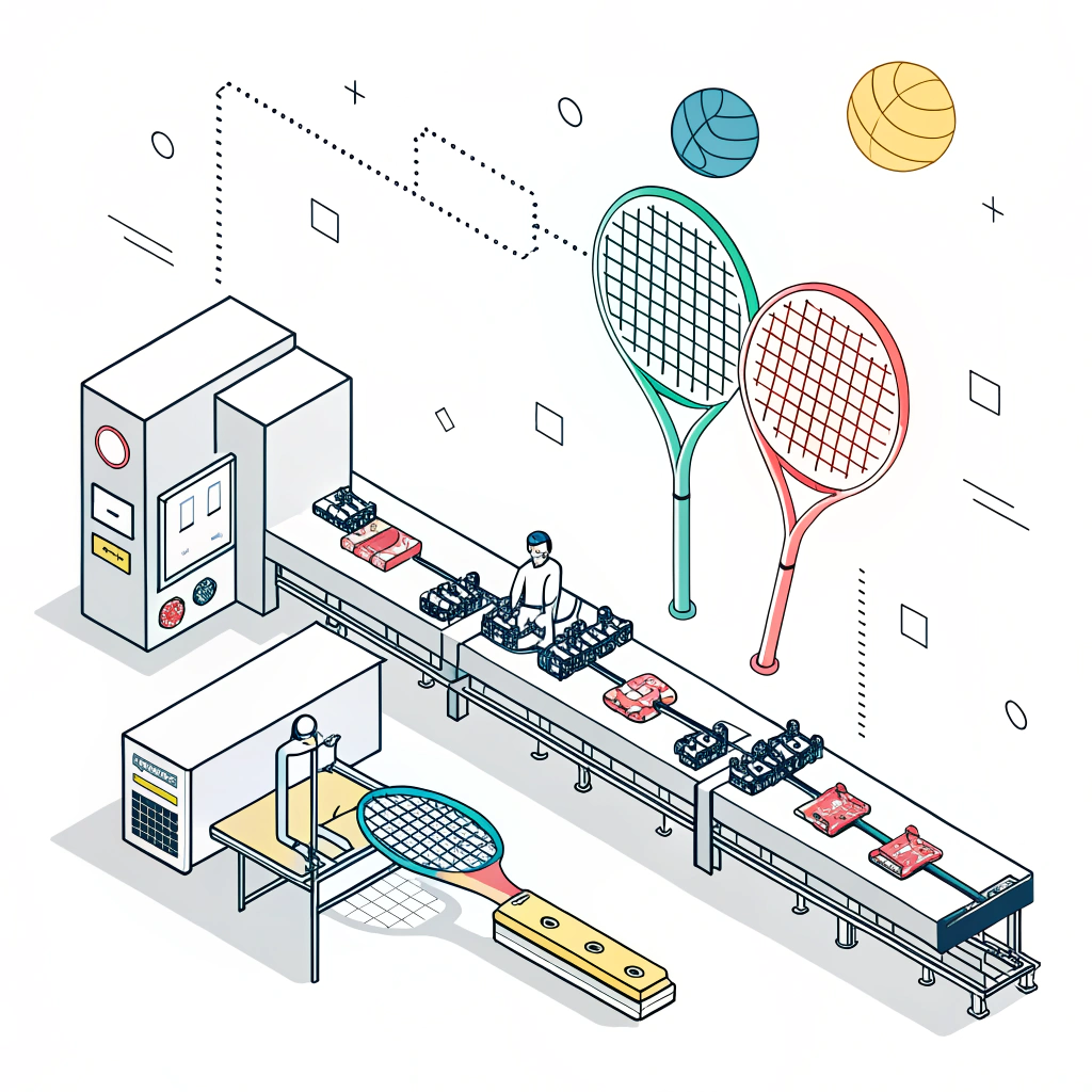 "Minimal flat style illustration of a production line for rapid padel racket prototyping."