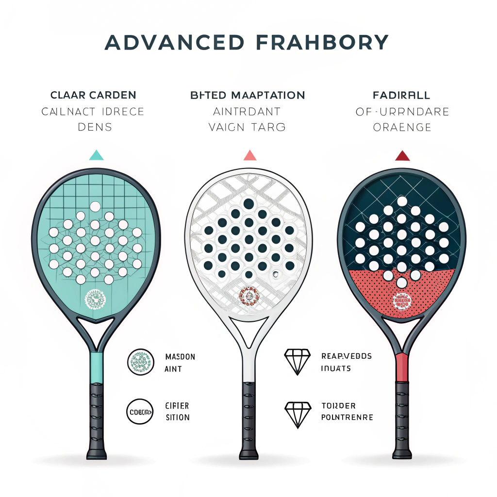 Clean 2D illustration of modern padel racket designs with advanced materials