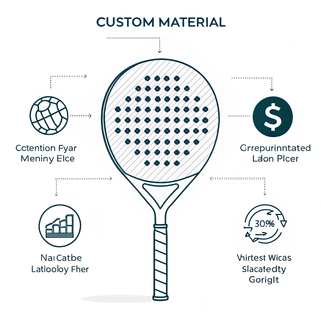 Minimal flat illustration showing padel racket production with icons for materials, labor, and logistics.