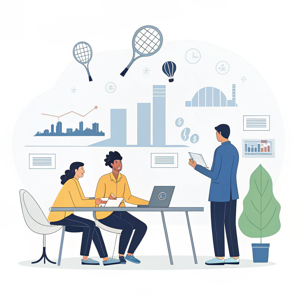 Minimal flat illustration of professionals discussing padel supplier audit details