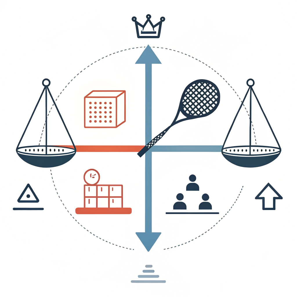 Minimalist 2D illustration symbolizing decision-making in padel racket logistics with abstract icons