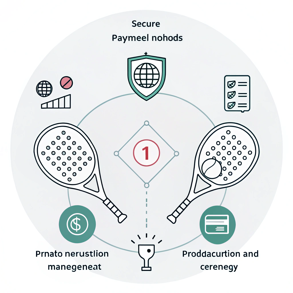 Minimalistic flat illustration of secure payments and production milestones in padel manufacturing